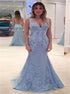 Mermaid Lace Deep V Neck Open Back Appliques Prom Dress LBQ2505